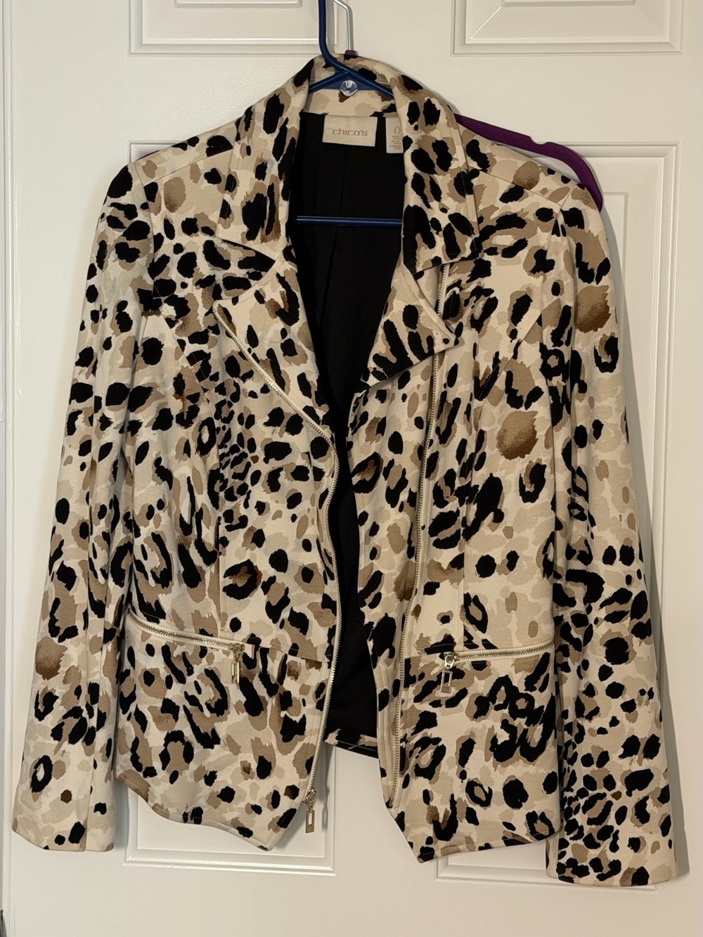 Chico's Beige and Black Leopard-Print Zip Moto Jacket